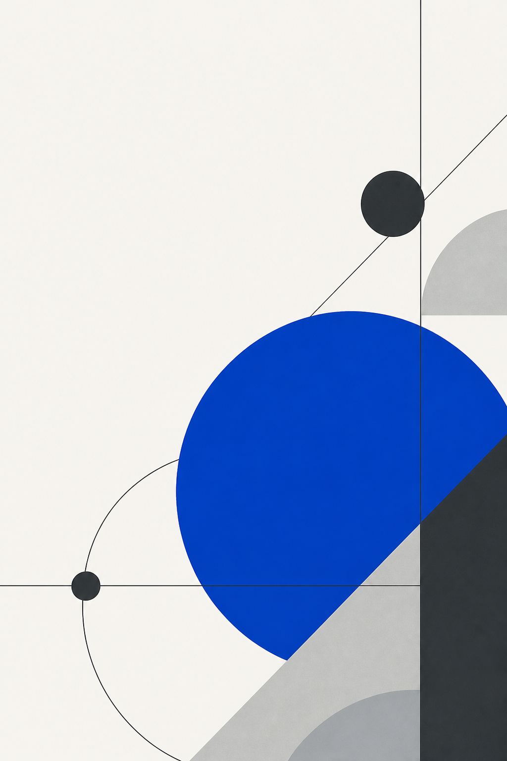 Abstract cobalt circle intersected by graphite arcs, lines and geometric planes