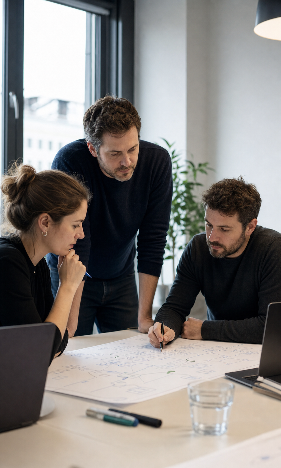 Software engineering team reviewing an architecture map and making a technical decision together